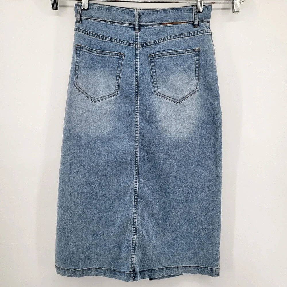 FRYE AND‎ CO. Women's Denim Midi Jean Skirt Blue Size 6 Button Fly Tie Waist New